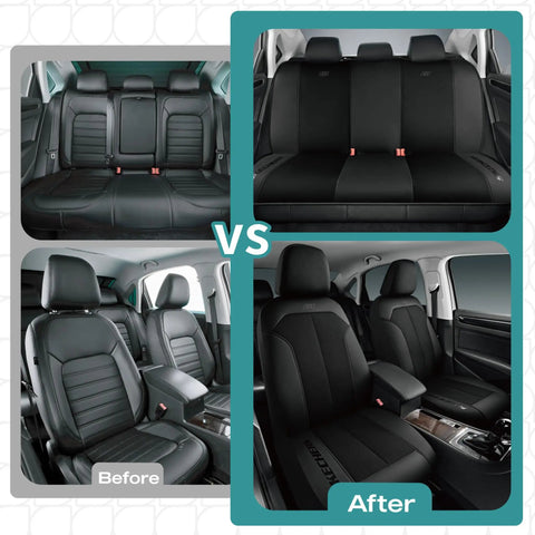 Before and after images of car seats with GOGA Mat Oxford Cloth Waterproof Front Seat Covers For Most Cars, SUVs And Trucks Universal Fit All Season Protection Durable Black Seat Shield With Cushioned Comfort And Easy Clean.