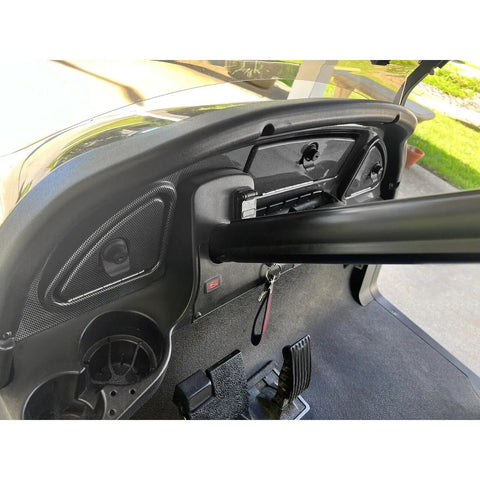 Premium Carbon Fiber Golf Cart Dash Cover For Club Car Precedent Tempo Onward 2008 5 Up installed with cup slots and steering column.