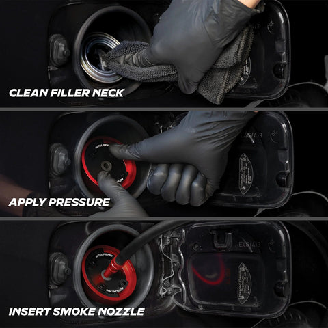 AutoLine Pro universal gas cap adapter for EVAP leak testing; red adapter installed in filler neck with smoke nozzle.