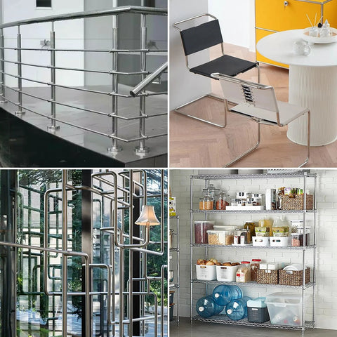 A-KARCK 1-inch OD 304 stainless steel round tube, 12-inch length, 1.5mm wall, 2 pcs; shown in railing and shelving frames.