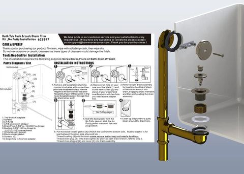 Push And Lock Bathtub Drain Stopper Kit With Trim Set And Single Hole Overflow Faceplate installation diagram and components