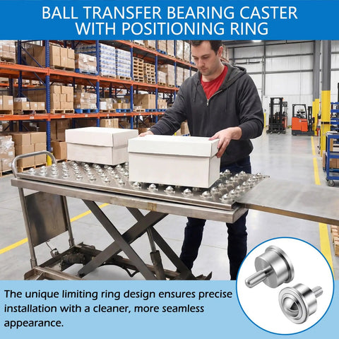 Heavy Duty 1 Inch Steel Ball Transfer Roller Casters 4 Pack With Threaded Stem, 1760 Lbs Max Load Capacity on a conveyor table.