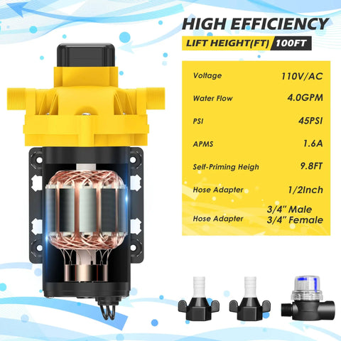 Self Priming 110V Diaphragm Water Pump With 4.0 GPM At 45 PSI, Automatic On Demand, Energy Saving, product specifications