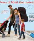 Family at airport with Top Notch Padded Car Seat Backpack Travel Bag For Air Travel Fits Most Infant And Convertible Seats