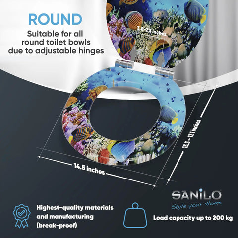 Soft Close Round Toilet Seat In Molded Wood With Quiet Slow Close, Decorative Ocean Print On All Sides, dimensions shown