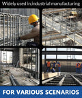 Men using 900W 5/8 Inch Hydraulic Rebar Bender Machine in various construction scenarios with steel bars and scaffolding.