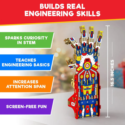 Hands On Robotic Hand Kit For Kids Ages Eight To Thirteen, Wearable Cool Gripper Build Kit To Learn Engineering And Anatomy Through Play, DIY STEM Toy Gift For Birthday Fun And Creative Problem Solving, 16.5-inch wooden hand kit