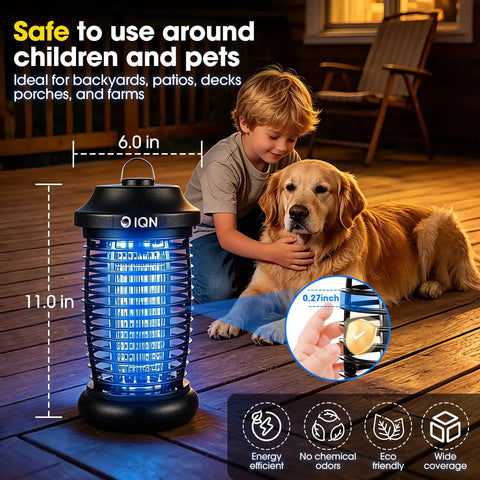 Outdoor Bug Zapper Plug In Electric Mosquito Killer With 15W UV Light And 4200V Grid for Home Patio Backyard on a porch.