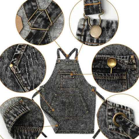 Denim Apron With Deep Pockets For Hair Stylists Baristas Gardeners And Craft Pros Cross Back Straps Adjustable From Small To Large Black 100 Percent Cotton Work Apron details