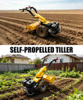 Workhorse Power Rear Tine Tiller Cultivator with 420cc 13.5 HP gas engine in a large field and garden setting.