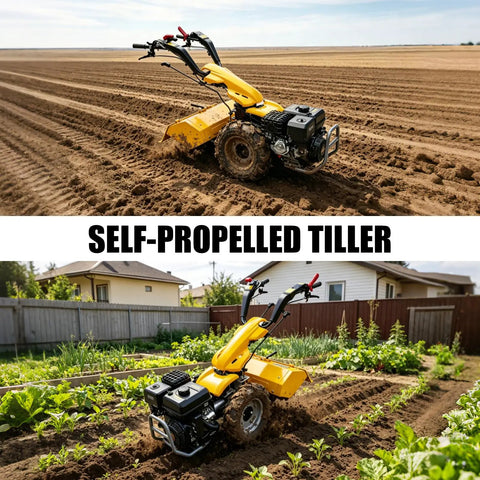 Workhorse Power Rear Tine Tiller Cultivator with 420cc 13.5 HP gas engine in a large field and garden setting.