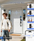 Smart Fingerprint Front Door Lock Set With App Control on white door, includes touchscreen keypad, matte black design, auto lock feature.