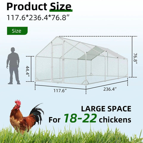 Heavy Duty Walk In Chicken Run Pen 10x20 Feet With Predator Proof Galvanized Hardware Cloth Cage dimensions and rooster illustration
