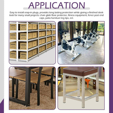 Applications of 140Pcs Square Tubing End Caps Kit featuring furniture, exercise equipment, and storage shelves.
