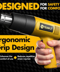 Close-up of Heavy Duty 1800W Heat Gun Kit With LCD Display ergonomic grip design in a hand for comfort and safety