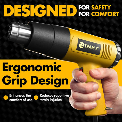 Close-up of Heavy Duty 1800W Heat Gun Kit With LCD Display ergonomic grip design in a hand for comfort and safety