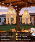AVAMERY Boho Chic Macrame Pendant Lights with Tassels on patio, showcasing soft lighting and remote control features in outdoor setting.