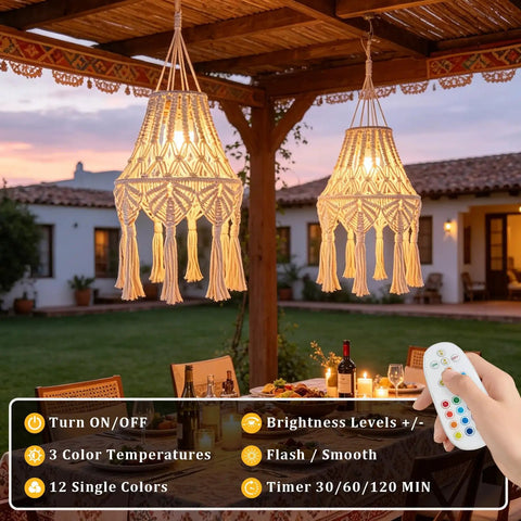 AVAMERY Boho Chic Macrame Pendant Lights with Tassels on patio, showcasing soft lighting and remote control features in outdoor setting.