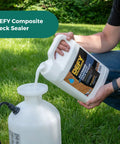 Person pouring Extreme Composite Deck Sealer Crystal Clear Waterproof Sealant For Wood And Composite Surfaces into sprayer