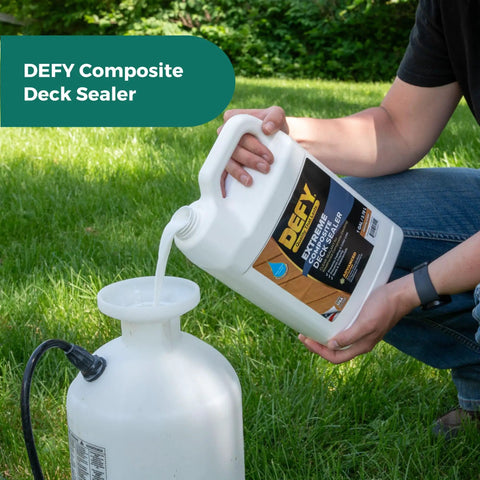 Person pouring Extreme Composite Deck Sealer Crystal Clear Waterproof Sealant For Wood And Composite Surfaces into sprayer