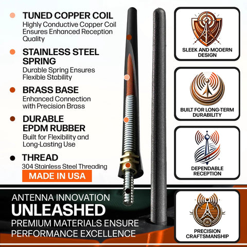 Six And Three Quarter Inch Short Truck Antenna For Ford F 250 2017 To 2026 With Stainless Steel Threading Car Wash Proof Beefed Up Reception Rubber Housing And Internal Copper Coil shown with design features and specs.
