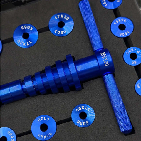 Pro Grade Bike Bearing Press Kit With 35 Adapters, Headset Press Tool in blue aluminum alloy inside carry case