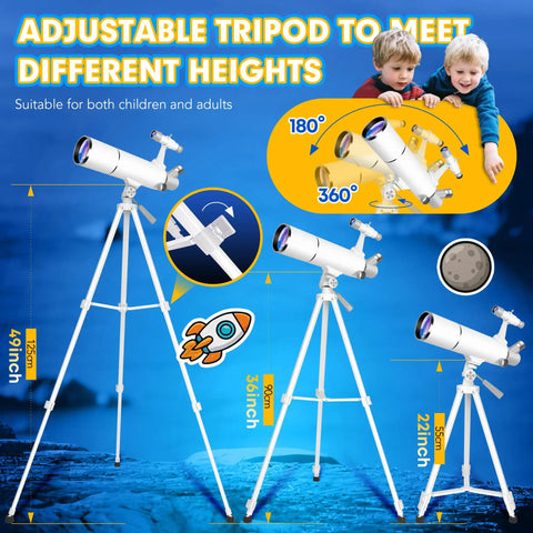 Beginner Friendly 80mm Refractor Telescope Kit with adjustable tripod for kids and adults displayed in three different heights.