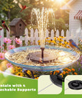 2.5W Solar Bird Bath Fountain Pump With 6 Nozzle Patterns in garden setting, water spouting, birds attracted, 6.7 inch.