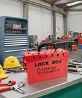 Tough As Nails Lockout Tagout Group Lock Box OSHA Compliant Hardened Steel Padlock Station on a workbench with tools.