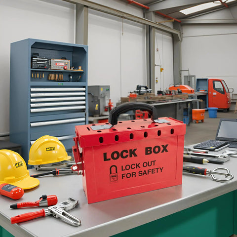 Tough As Nails Lockout Tagout Group Lock Box OSHA Compliant Hardened Steel Padlock Station on a workbench with tools.