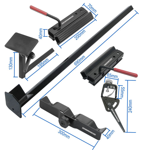 BG-GRIND4 4-piece wood chisel grinding jig set, front view with black metal components and red-handled wrench