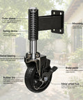 Heavy Duty Workhorse 4 Inch Galvanized Steel Gate Wheels With Locking Foot Brake Black 2 Pack showing swivel bearing and brake pedal.