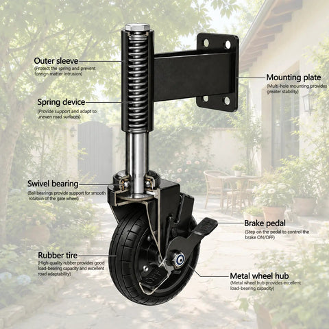 Heavy Duty Workhorse 4 Inch Galvanized Steel Gate Wheels With Locking Foot Brake Black 2 Pack showing swivel bearing and brake pedal.