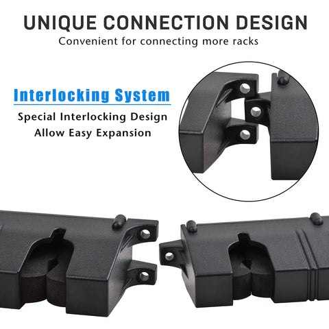 Close-up of interlocking system on Vertical Fishing Rod Rack Wall Mounted 6 Rod Holder Storage Organizer for garages and sheds.