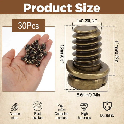 Rock Solid 30 Piece Full Replacement Ceiling Fan Blade Screws With 1/4-20 Threading And Premium Bronze Pan Heads displayed in hand.