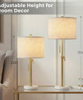 Gold Table Lamps Set Of 2 With Adjustable Height From 22 To 30 Inches, Dimmable Nightstand Lamps, Marble Base, Farmhouse Modern Decor