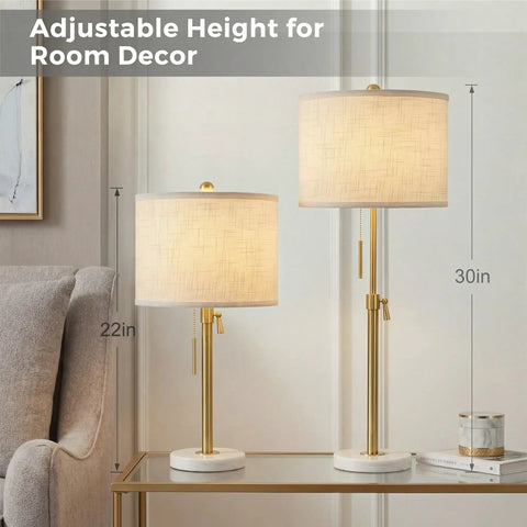 Gold Table Lamps Set Of 2 With Adjustable Height From 22 To 30 Inches, Dimmable Nightstand Lamps, Marble Base, Farmhouse Modern Decor