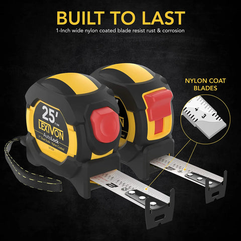 Two Pack 25 Foot Tape Measure With DuaLock And AutoLock, 1 Inch Wide Nylon Coated Blade, Dual Sided, Heavy Duty Case