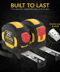 Four Pack 25 Foot Tape Measures With AutoLock And DuaLock, 1 Inch Nylon Coated Blade, Dual Sided White And Yellow Scales