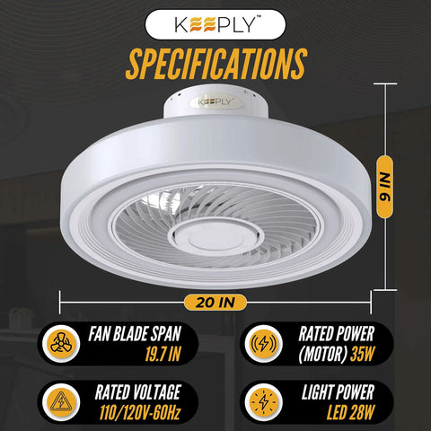 Modern Bladeless Ceiling Fan With Light 20 Inch Smart Enclosed Ceiling Fan With Remote Dimmable LED Lights and Specifications