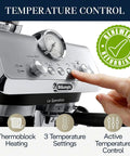 La Specialista Arte Espresso Machine Conical Burr Grinder Eight Grind Settings with active temperature control and button.