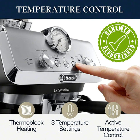 La Specialista Arte Espresso Machine Conical Burr Grinder Eight Grind Settings with active temperature control and button.