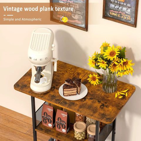 Compact Three Tier Floor Standing Coffee Bar Shelf For Cozy Corner Space Saving Farmhouse Style Coffee Station with sunflowers
