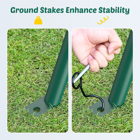 Ground stakes securing the Heavy Duty 440lbs Capacity Backyard Swing Set With 2 Seats, Saucer And Belt Swings for stability.