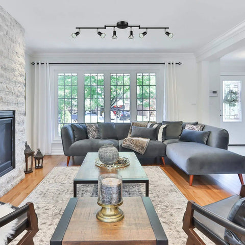 Living room featuring 6 Light LED Track Lighting Kit With Flex Rotatable Heads Black Ceiling Spotlight, modern decor, large windows.
