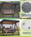 Mosquito Net Cover for 3-Seater Patio Swing with Waterproof Top, Zipper Door, Fixing Straps, Black Bug Mesh Screen, Outdoor View.