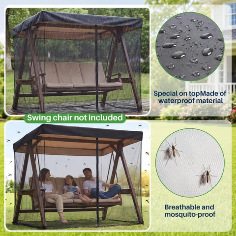 Mosquito Net Cover for 3-Seater Patio Swing with Waterproof Top, Zipper Door, Fixing Straps, Black Bug Mesh Screen, Outdoor View.