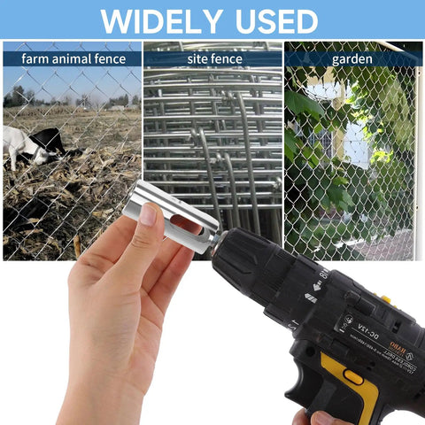 9 Gauge Drill Chuck Twist Ties Tool For Chain Link Fences And Loop Fences shown in use with electric drill for fencing projects