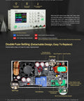 Adjustable Buck DC-DC Power Supply with USB PC Control displaying 60V, 24A and internal components with double fuse setting.