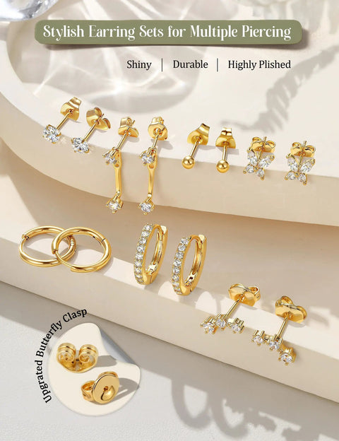 14K Gold Plated Earring Stacks for Women Cartilage Set Hypoallergenic 316L Stainless Steel Studs Nickel Free Lightweight Gold Tone Ear Jewelry Multi Pack for Daily Wear and Sensitive Ears, gold stud and hoop set